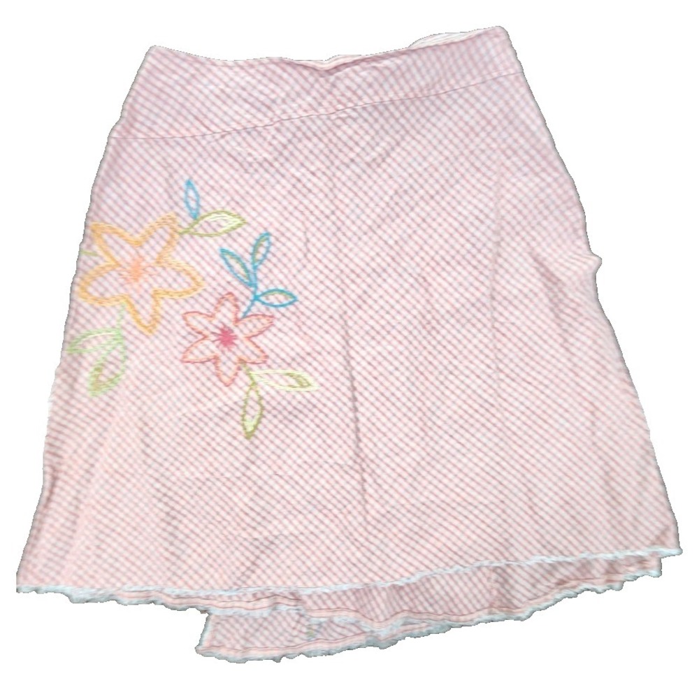 J. Jill Pink Plaid Linen Embroidered Floral Wrap Skirt Frayed Hem Womens‎ 14